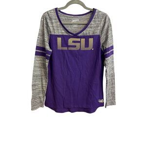LSU Purple & Gray Juniors Long Sleeve V-Neck Shirt With Rhinestone Logo Size XL